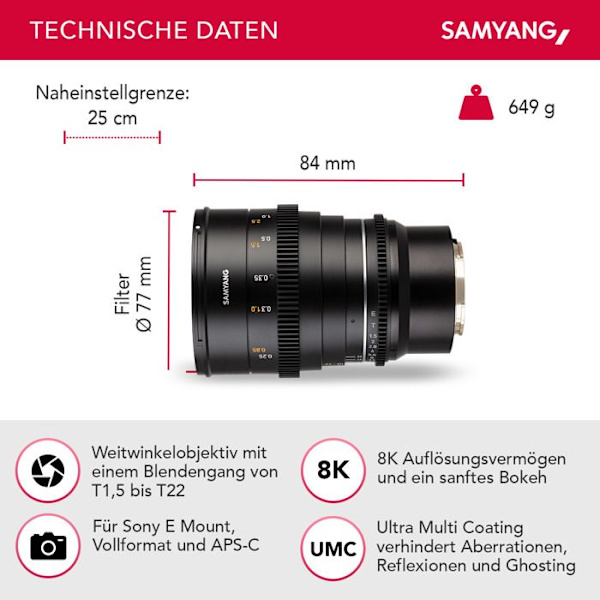 Samyang videoobjektiv vdslr 24mm t1.5 mk2 kompatibel med Sony E
