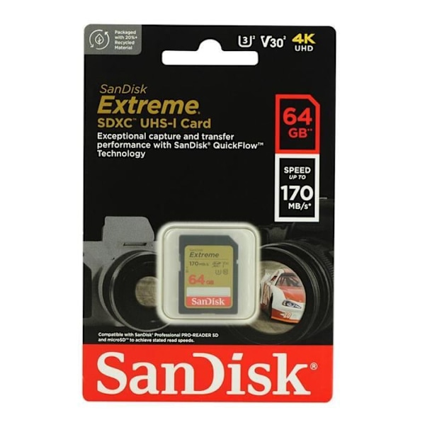 SDXC-muistikortti - SANDISK - Extreme 64GB - 170MB/S - 80MB/S - UHS-I Class 10 U3 V30