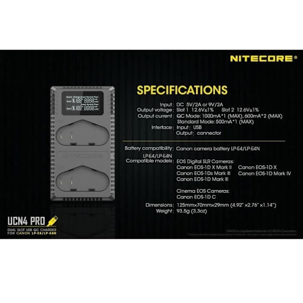 USB-oplader - Nitecore - UCN4 PRO - Kompatibel med Canon LP-E4 & LP-E4N - 1000 MA - LCD-skærm