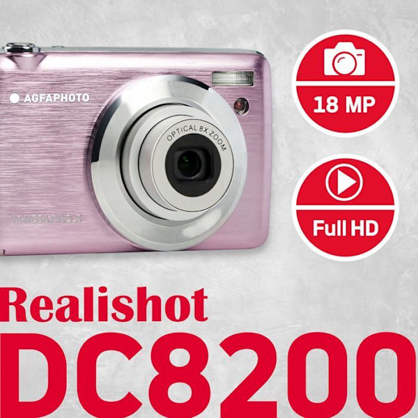 AGFA PHOTO Realishot DC8200 - Pienikokoinen digitaalikamera (18 MP, Full HD -video, 2,7 tuuman LCD-näyttö, 8X optinen zoom, akku