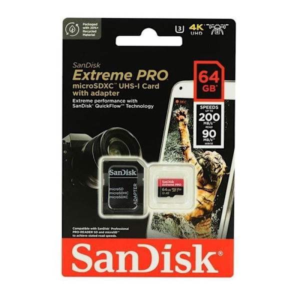 SanDisk Extreme Pro microSDXC 64GB Klasse 10 UHS-I U3 V30 200MB/s A2 Hukommelseskort