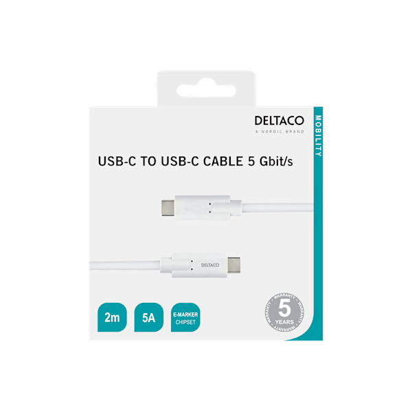 REA Deltaco USB-C-kabel data- o laddkabel 5 Gbit/s, 5A, 2m, vit