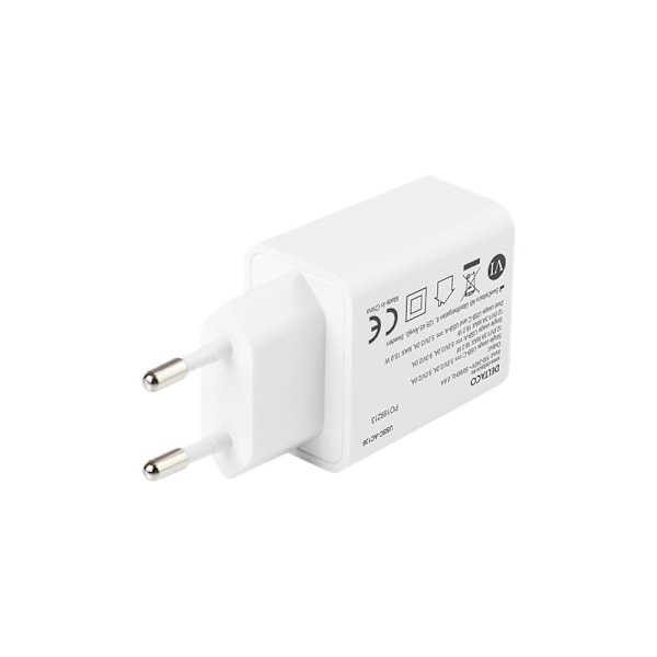 Kraftfull USB-laddare, 2 portar, PD, 1x USB-A, 1x USB-C, Deltaco