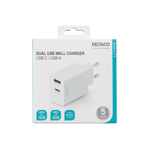 Kraftfull USB-laddare, 2 portar, PD, 1x USB-A, 1x USB-C, Deltaco