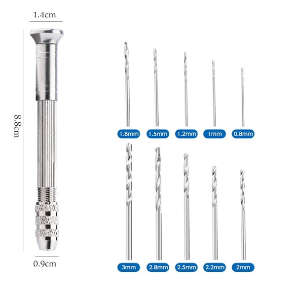 Handborr med 10 borrar från 0.8-3mm till hobby, pyssel, smycken