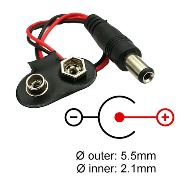 Batteriklämma för 9V batteri till DC-plugg 5.5x2.1mm