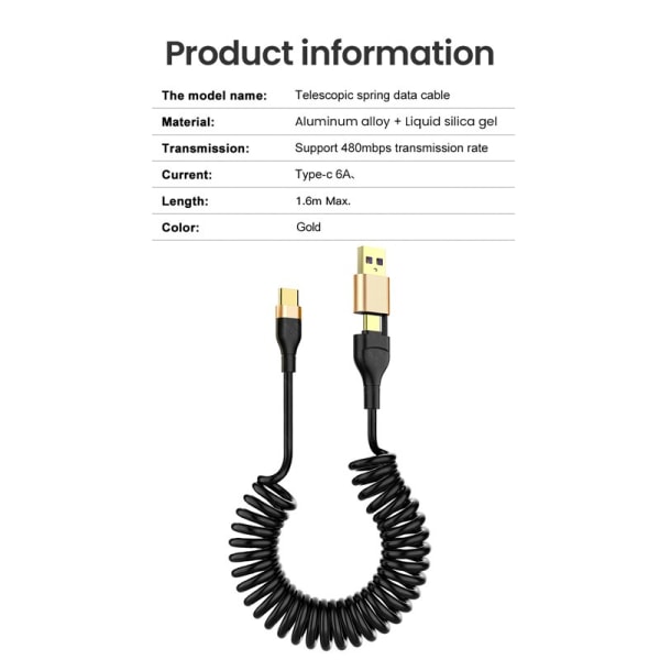2i1 SnabbLaddkabel-Spiral USB-A och USB-C i samma kabel. 1.6 m