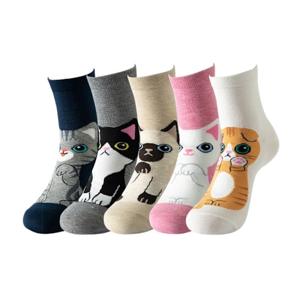 5-pack Tecknade Strumpor med Djurmotiv - Hund, Katt, Uggla MultiColor MultiColor Katt - Cat