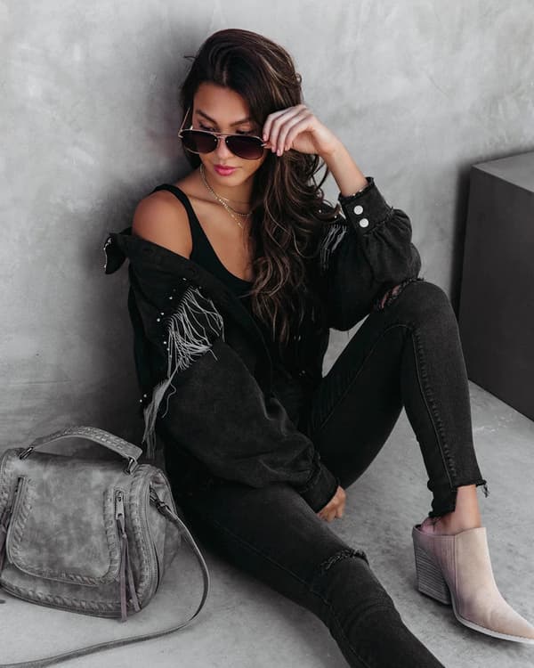 Afslappet denimjakke med frynser til kvinder Black Black L