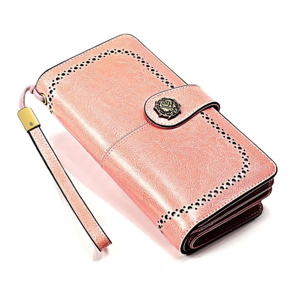 Stor plånbok kortfodral koppling äkta plånbok läderväska med handled Pink 3556