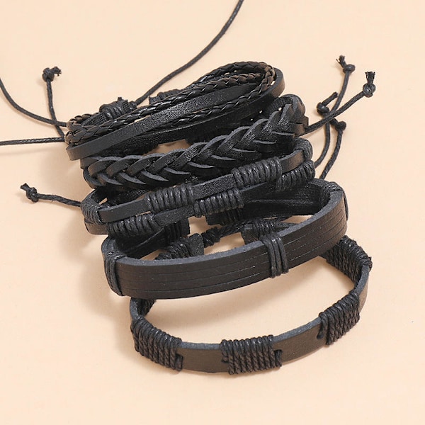5-pack Handgjorda Läderarmband Herrarmband Svart Sort
