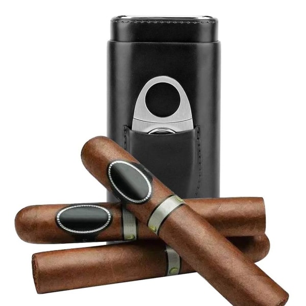 Case i läder med 3 fingrar, fodrad cigarr Humidor i cederträ Black