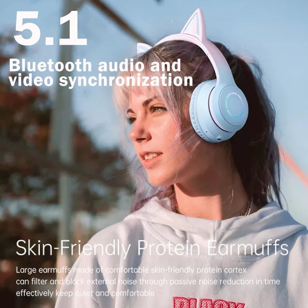 Rgb Cat Ear-hörlurar, trådlöst trådbundet läge hopfällbart headset med mikrofon, Rgb LED-ljus för Ki Pink