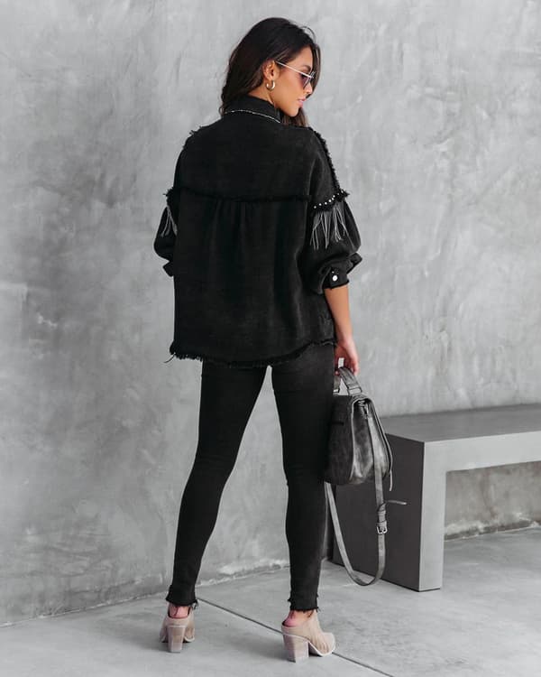 Afslappet denimjakke med frynser til kvinder Black Black L