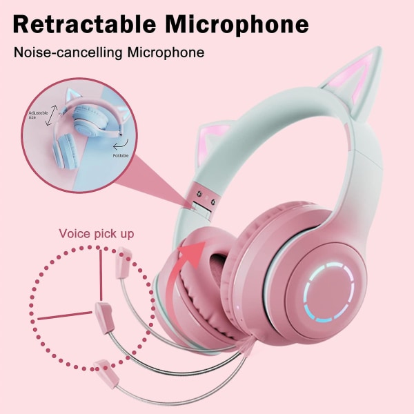 Rgb Cat Ear-hörlurar, trådlöst trådbundet läge hopfällbart headset med mikrofon, Rgb LED-ljus för Ki Blue