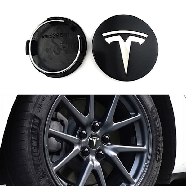 4-Pack - Tesla Sentrumskapsler / Hjulkapsel Emblem - Bil 77 Svart/silver