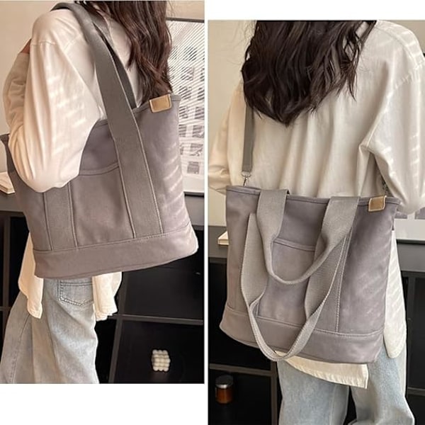 Multi-Pocket Tote Bag med dragkedja, Canvas Handgjord Handväska med fack, Multifunktion Satchels Bag för kvinnor Damer Univisity Skola Arbete Reso Grey - Medium