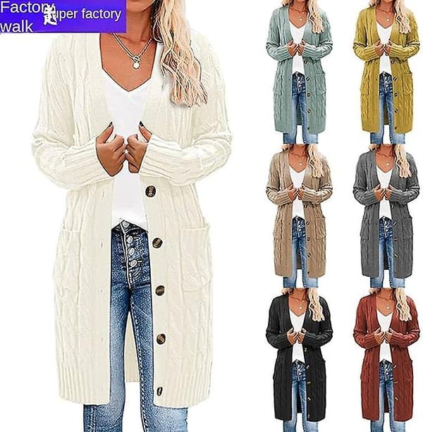 Dam långärmad kabelstickad lång kofta Öppen främre tröja med knappar Ytterkläder white white XL