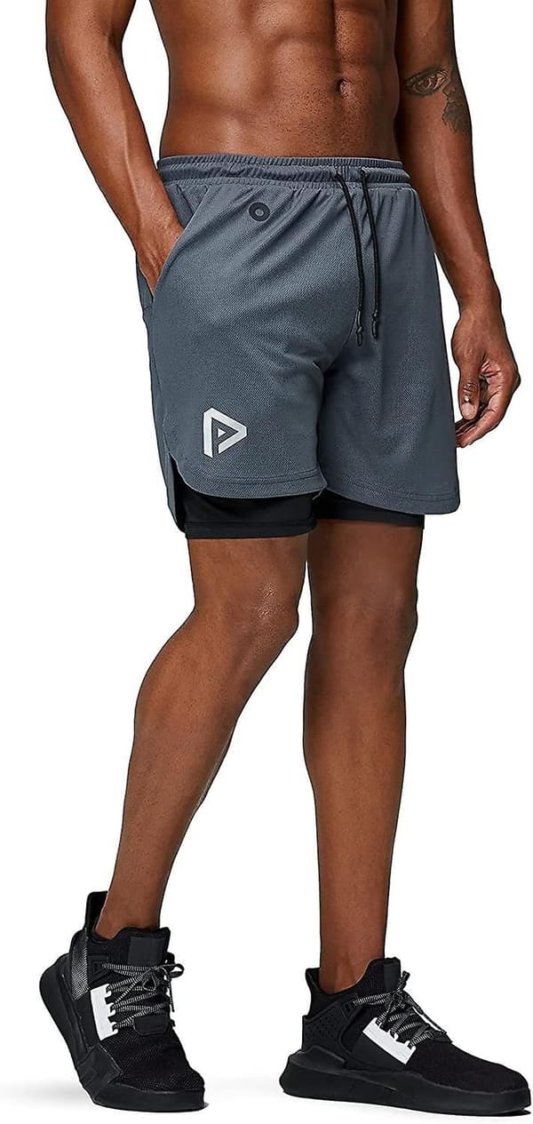 2 i 1 løbeshorts med telefonlomme Gym Workout Hurtigtørrende herreshorts 5 tommer Grå Grey Medium