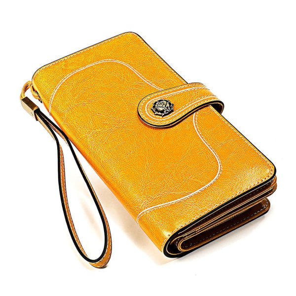 Stor plånbok kortfodral koppling äkta plånbok läder handväska med handled Yellow 3555