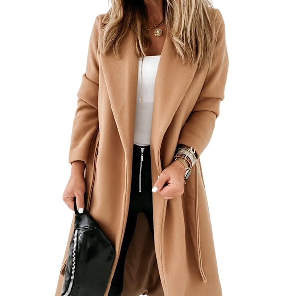 Damkappa Krage Öppen Framtill Bältad Lång Jacka khaki khaki XXL