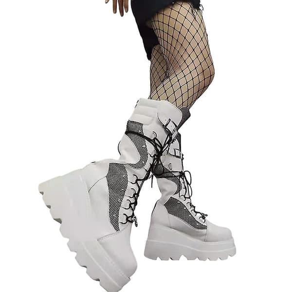 Plattformstøvler damer Spenne reim Punk Goth Boot Dame Gothic Snøresko Sz Hvit White EU 36