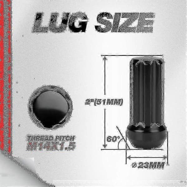 M14x1.5 Pyöränmutterit 24 Kappaletta 14mmx1.5 7 Spline Drive Awl Kartio Pyöränmutterit 2 tuumaa Pitkät Mustat 2:lla