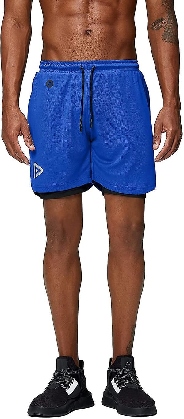 2 i 1 løbeshorts med telefonlomme Gym Workout Hurtigtørrende herreshorts 5 tommer Blå Blue Medium