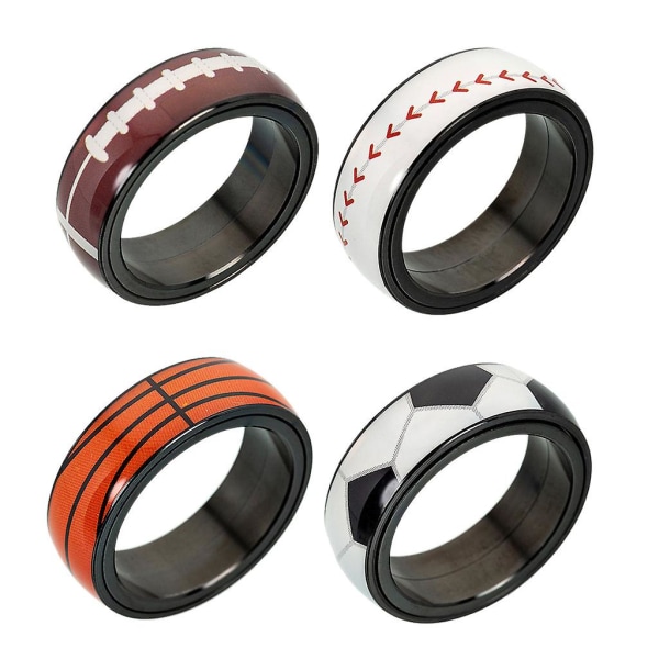 4 st Snygga breda 8 mm rostfria spinner-ringar med basket-, fotbolls-, volleyboll- och rugbydesign - coola bröllopsband 9