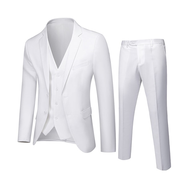 Herrar 3-delad Slim Fit Kostymset, Solid Jacka Väst Byxor White White M