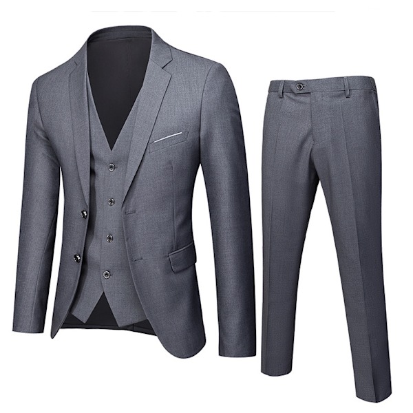 Herrar 3-delad Slim Fit Kostymset, Solid Jacka Väst Byxor Grey Grey M