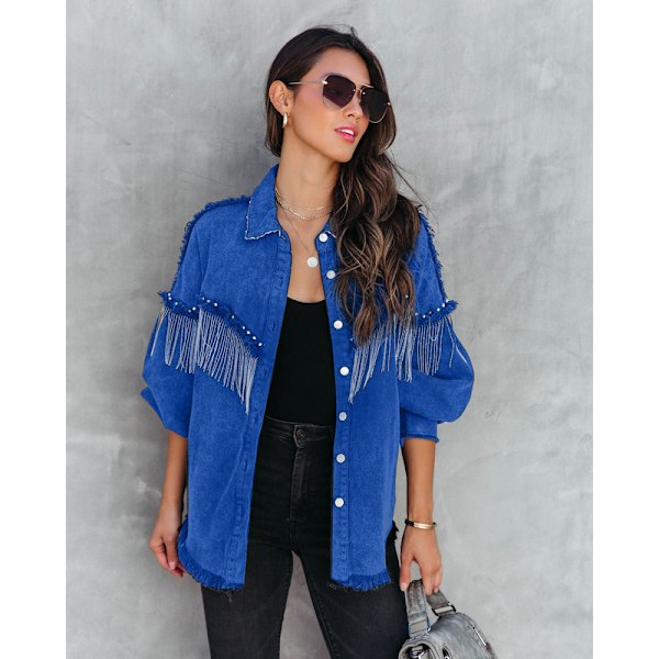 Avslappnad Denimjacka med fransar för kvinnor Dark Blue Dark Blue L