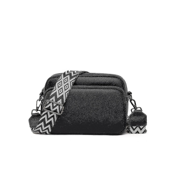 Crossbody-väska, liten axelväska i läder, dam med bred dragkedja och avtagbar axel Black
