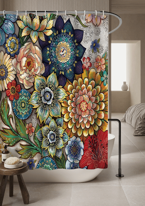 180 x 200cm Duschforhæng med 12 Kroge Hurtigtørrende (Blomster), Maskine