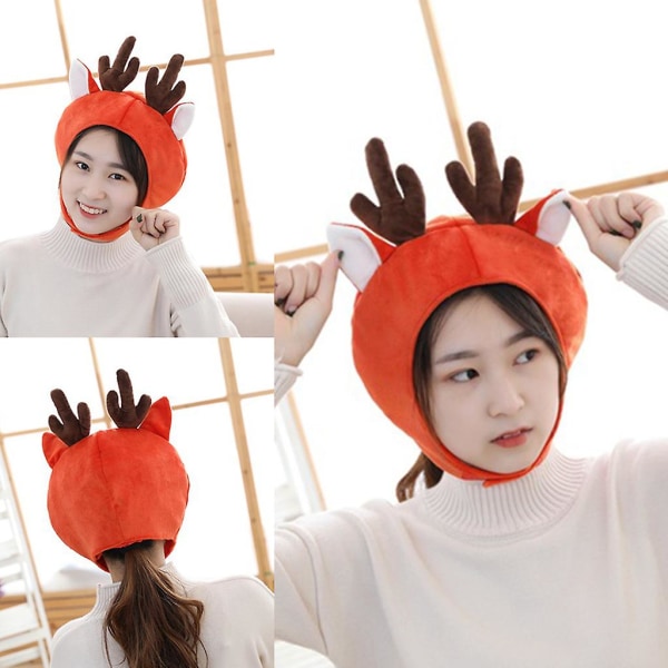 Cartoon Elk Deer Antlers Plush Hat Funny Animal Stuffed Toys Headgear Warm Earflap Cap Holiday Party Favors Photo Props