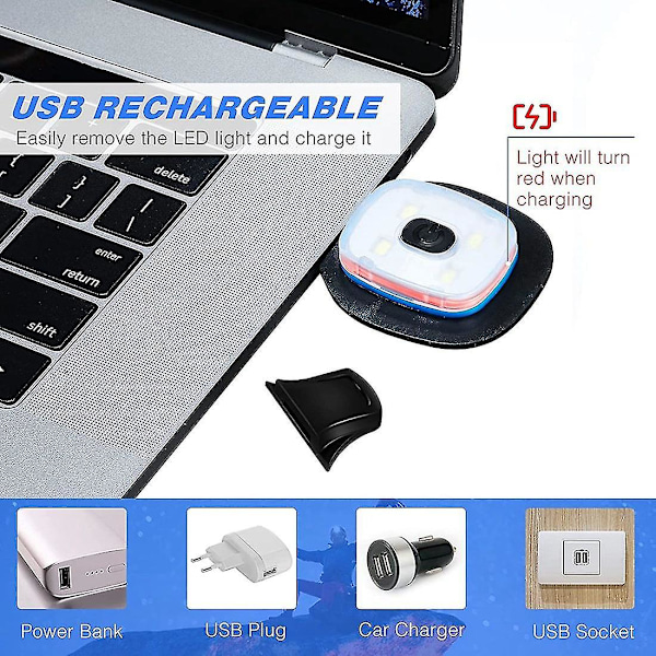 USB-oppladbare LED-hettelys, 4 stk, sterk, middels og svak lysmodus LED-hette