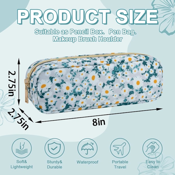 Vattentätt Litet Blommigt Pennfodral Sminkväska för Handväska, Sött Blommigt Pennfodral Preppy Nylon Sminkborsthållare med Dragkedja, Flickor Green-Daisy
