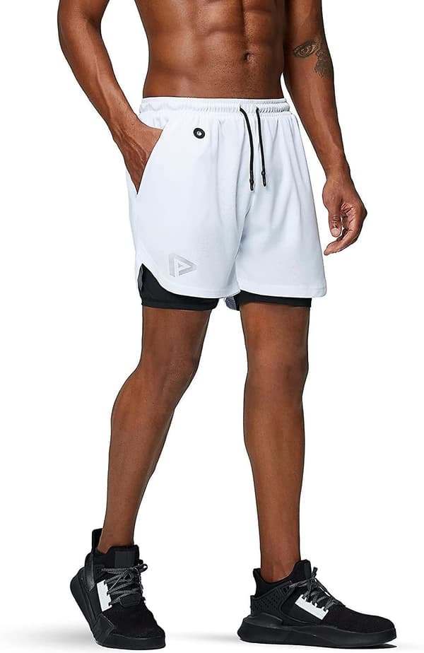 2 i 1 løbeshorts med telefonlomme Gym Workout Hurtigtørrende herreshorts 5 tommer Hvid White Medium