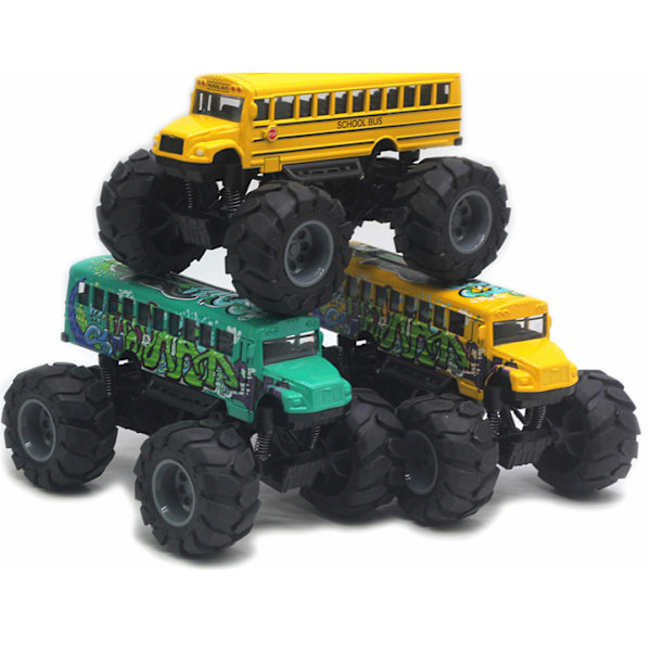 Skolbuss Monster Trucks Die Cast 1:43 Gula Leksaksfordon Modeller Metall Drag tillbaka Leksaker för Barn Graffiti Yellow