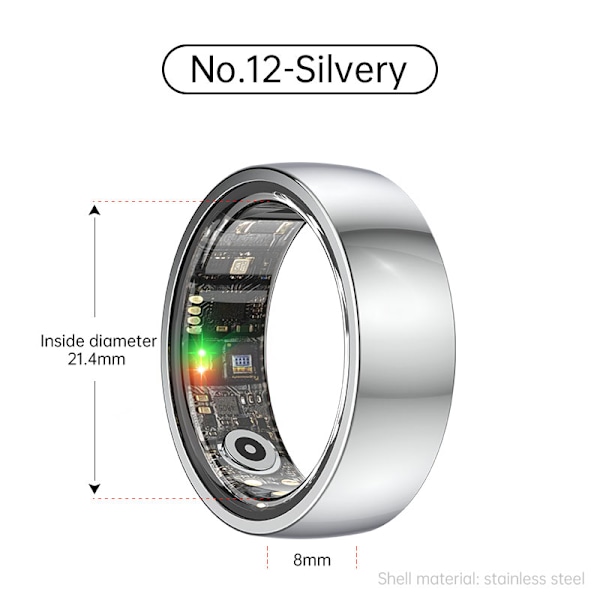 Smart Ring R1000 – Sömnmonitor, Bluetooth 5.0, Blodsyremätare Silver Silver 12