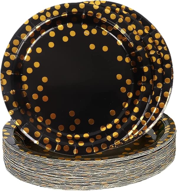 Svart guld födelsedag engångstallrik, 48 st 18 cm papperstallrik
