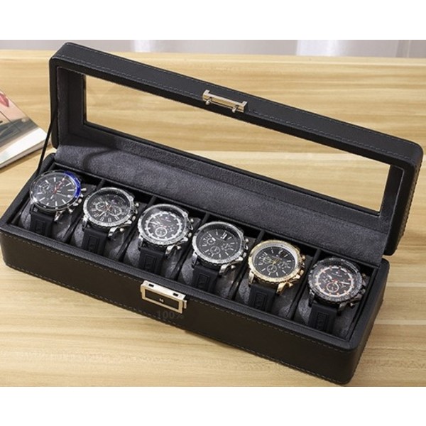 6 klockors klockbox - Lyxmodell i PU läder Black Svart