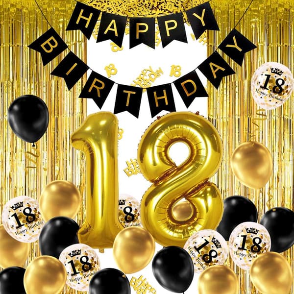 18 år svart gull bursdagsdekorasjon, gratulerer med dagen banner, h