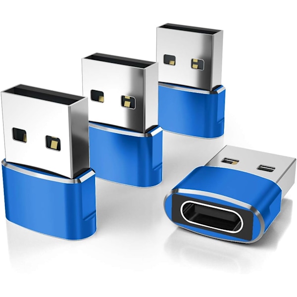 USB till USB-C Adapter 4-pack, Typ C Hona till USB A Hane Laddare Kontakt Blue