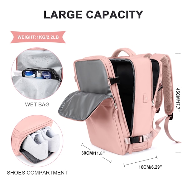 Kabinväskor 45x30x16 Underseat Rucksack för flygplan Handbagageväska underseat Carry On Backpack Laptopväska Dam Reseryggsäck med skofack,C pink