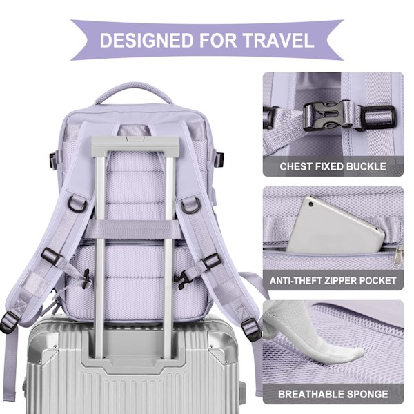 Kabinväskor 45x30x16 Underseat Rucksack för flygplan Handbagageväska underseat Carry On Backpack Laptopväska Dam Resväska med skofack,A purple