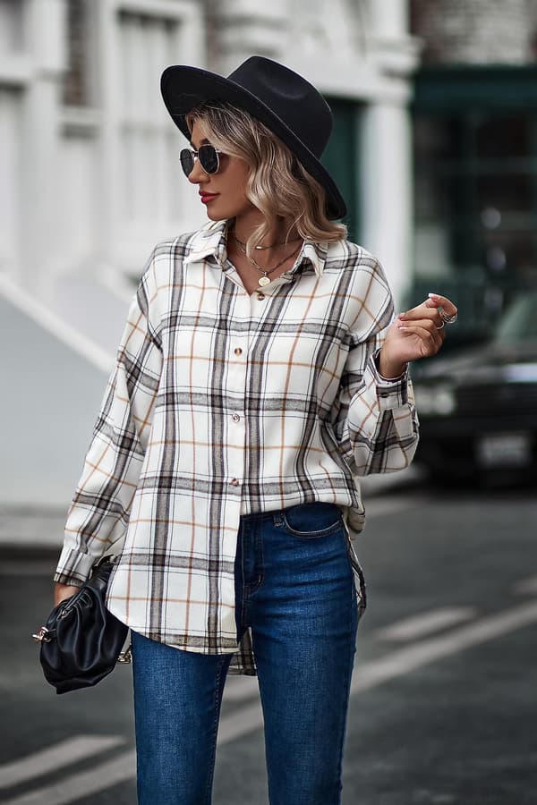 Rutig långärmad skjorta dam Button Down ullblandning tunn jacka Casual blustoppar med ficka white white M