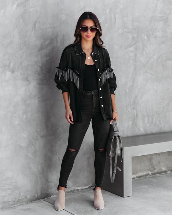 Afslappet denimjakke med frynser til kvinder Black Black L