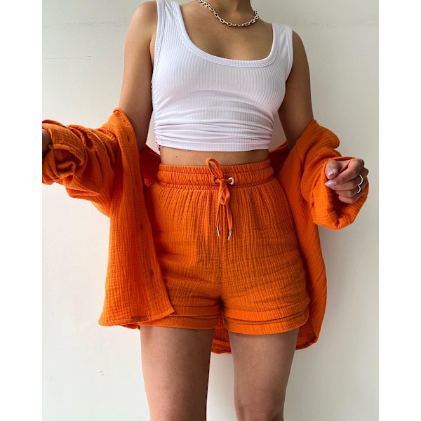 Skrynklig krage för kvinnor, långärmad skjorta, shorts med dragsko med hög midja, moderiktigt casual set i två delar orange M orange m