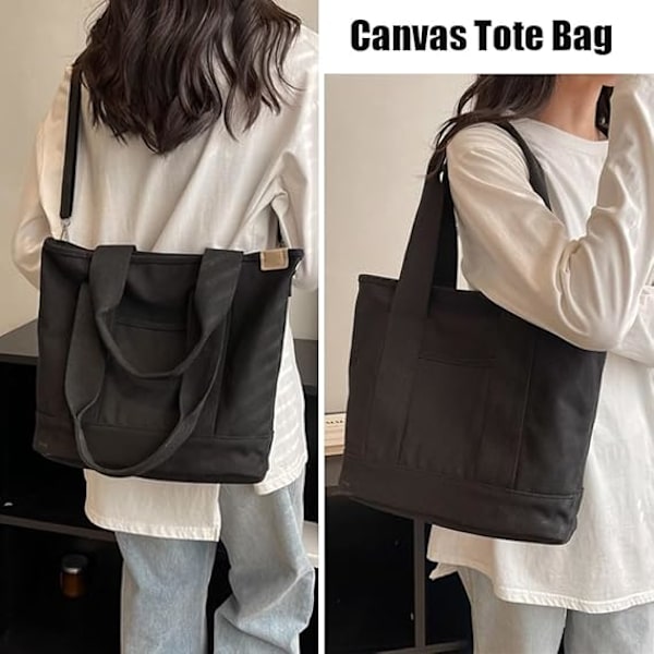 Multi-Pocket Tote Bag med dragkedja, Canvas Handgjord Handväska med fack, Multifunktion Satchels Bag för kvinnor Damer Univisity Skola Arbete Resor Black - Medium